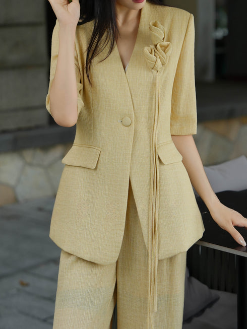Textured Linen‑Tencel Floral Blazer & Wide‑Leg Pants Suit – Quiet Luxury Tailored Two‑Piece Set