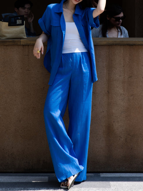 100% Linen Utility Shirt & Wide-Leg Pants Set – Minimalist Summer Tailored Two-Piece