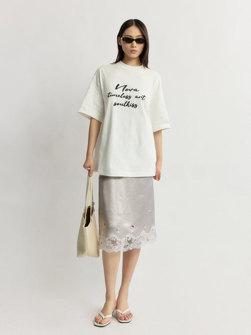 Cool-Touch Crinkled Acetate Beaded Lace Straight Midi Skirt