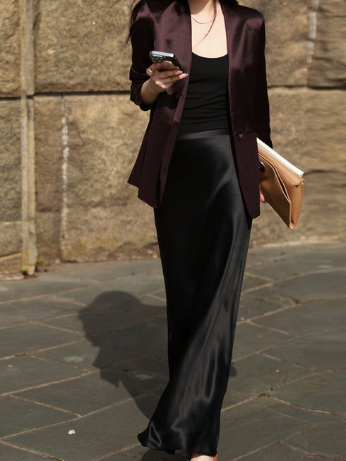 Acetate Tailored Blazer & Satin Maxi Skirt Set – Elegant Waist-Cinched Office Suit