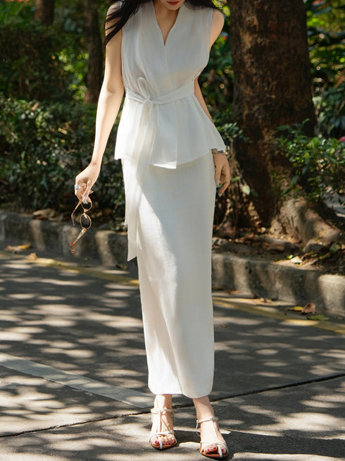 100% Linen Tie-Waist Vest Top & Midi Skirt Set – Elegant V-Neck Summer Two-Piece Outfit