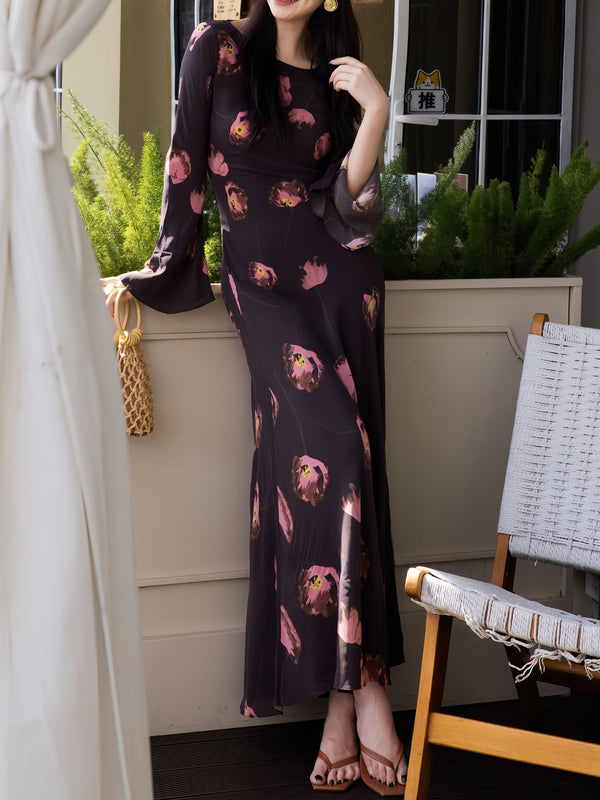 Luxury Mulberry Silk Floral Maxi Dress – Vacation Style Waist-Cinched Long Sleeve Dress