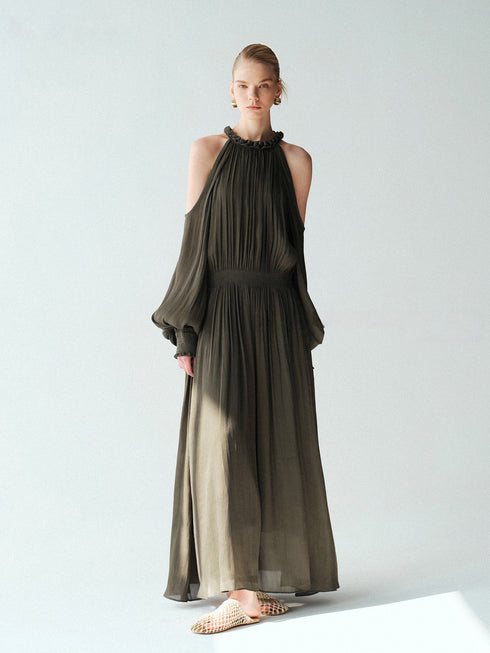 Luminous Muse Glossy Island Silk Halter Neck Cutout-Shoulder Pleated Maxi Dress