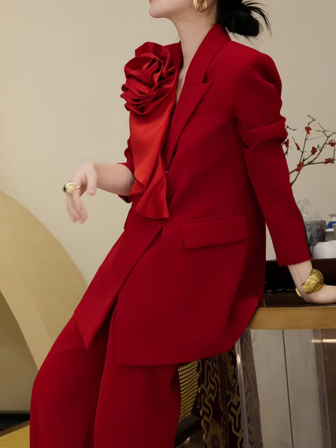 Luxury Floral Appliqué Blazer & Wide-Leg Trousers Suit Set – Elegant Designer Women's Power Suit
