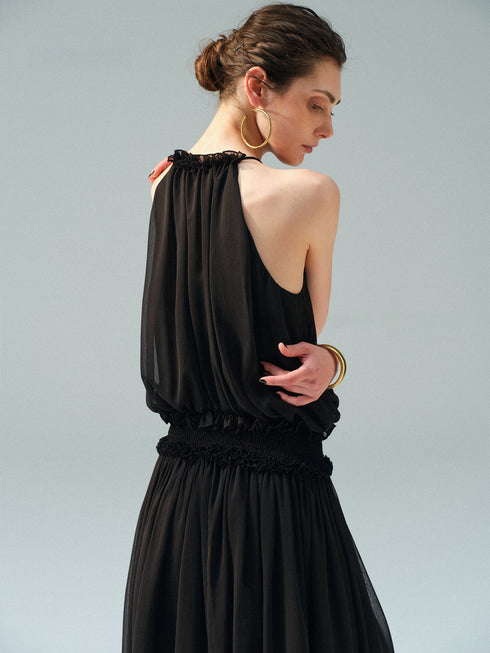 Textured Chiffon Ruffle-Trim Halter Sleeveless Maxi Dress