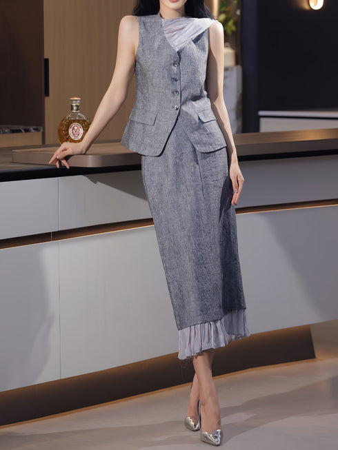 Old Money Style Sheer Scarf V-Neck Waist-Cinched Vest & Midi Skirt Set – Elegant Tailored Two‑Piece Suit