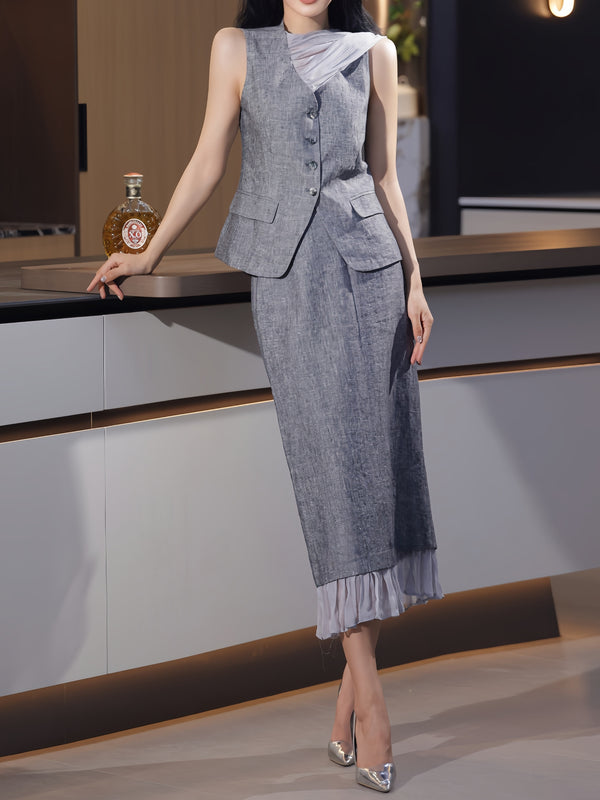 Old Money Style Sheer Scarf V-Neck Waist-Cinched Vest & Midi Skirt Set – Elegant Tailored Two‑Piece Suit