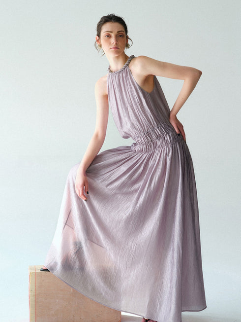 Pearlescent Acetate Braided Halter Maxi Dress – Hand-Smoked Sleeveless Resort Gown