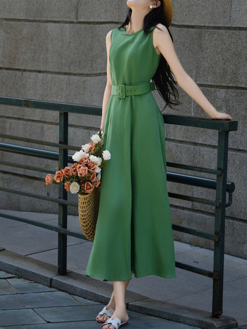 100% Linen Sleeveless Belted Midi Dress – Elegant Waist-Cinched Summer A-Line Dress