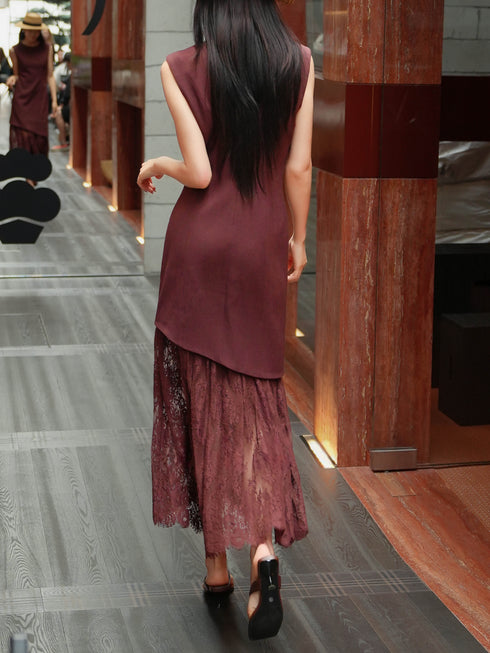 French Elegance Lace Patchwork Sleeveless Maxi Dress – Slim Waist Layered Summer Dress