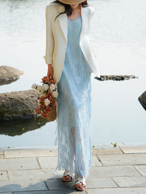 Light Blue French Fringe V‑Neck Slip Maxi Dress – Elegant Tassel Textured Camisole Dress