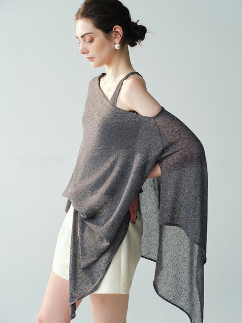Linen-Blend Sheer Asymmetric Knit Cape – Multi-Way Lightweight Draped Poncho