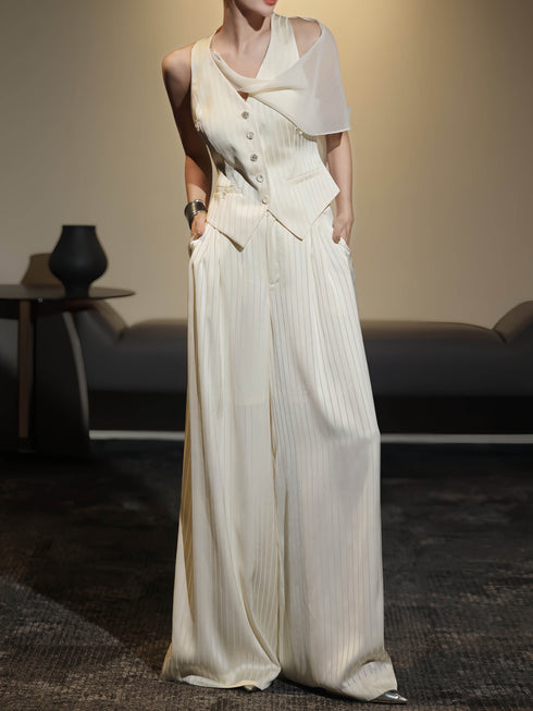 Luminous Pinstripe Tailored Vest & Wide-Leg Trousers Set – Sculpted Waist Elegant Two‑Piece Suit