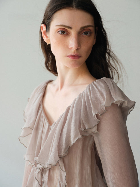 Cupro-Blend Ruffled V-Neck Blouse – Sheer Crinkled Bell-Sleeve Romantic Top