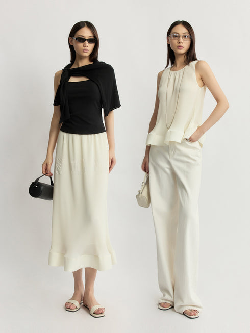 Miyake-Inspired Pleated Petal Sleeveless Top & Midi Skirt Set – Vanilla Cream Sculptural Ensemble