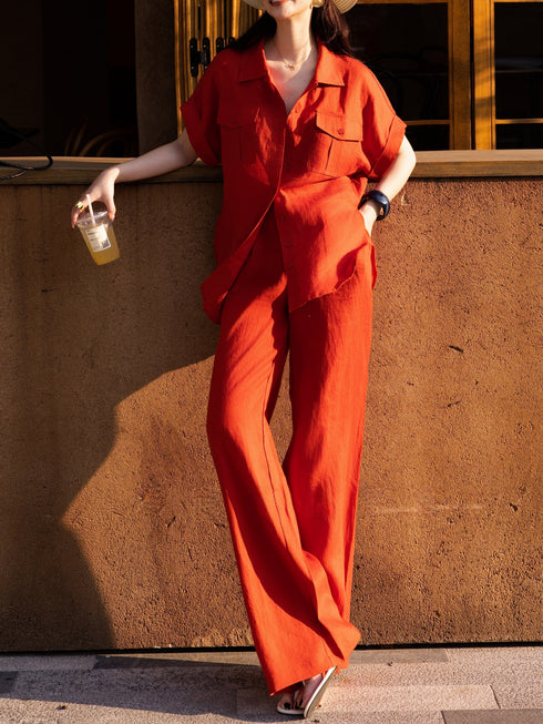 100% Linen Utility Shirt & Wide-Leg Pants Set – Minimalist Summer Tailored Two-Piece