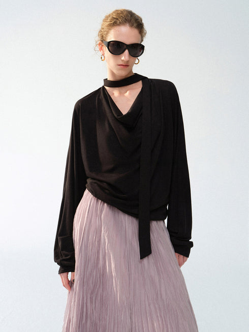 Lyocell Acetate Linen Draped Cowl-Neck Tie Blouse – Relaxed Minimalist Long Sleeve Top