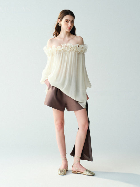 Cupro-Blend 3D Floral Off-Shoulder Blouse – Sheer Lantern Sleeve Couture Top