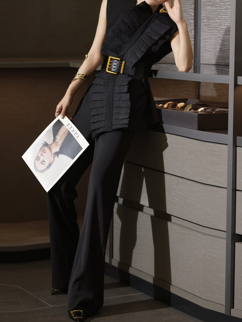 Architectural Ruffle-Panel Sleeveless Vest & Wide-Leg Trousers Set – Elegant Belted Workwear Ensemble