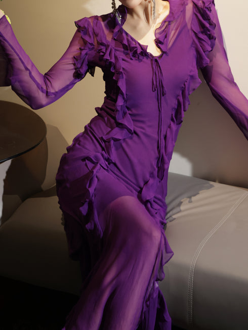 Ruffled Mulberry Silk Maxi Dress – Elegant Waist-Cinching Sheer Long Sleeve Summer Dress