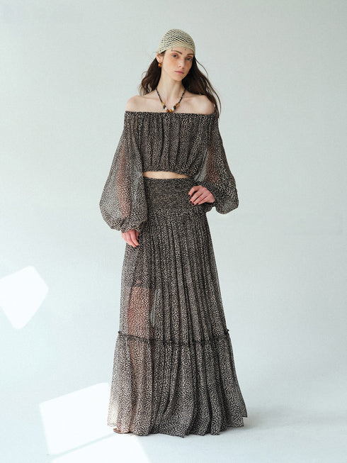 Vintage Off-Shoulder Lantern Sleeve Chiffon Top & Tiered Maxi Skirt Set – Bohemian Vacation Beaded Halter Detail