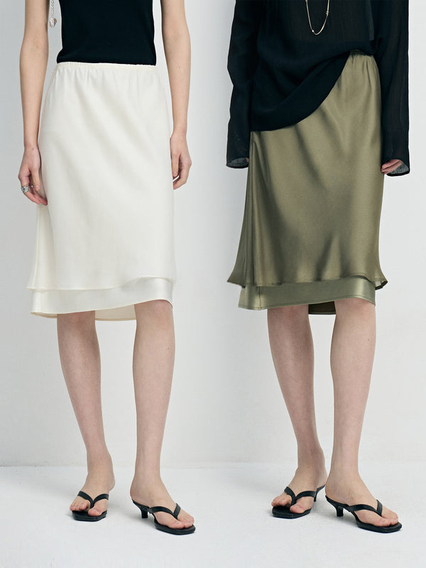 Japanese Washable Double-Satin Mermaid Midi Skirt - Ultra-Fine High-Twist Layered Slip Skirt