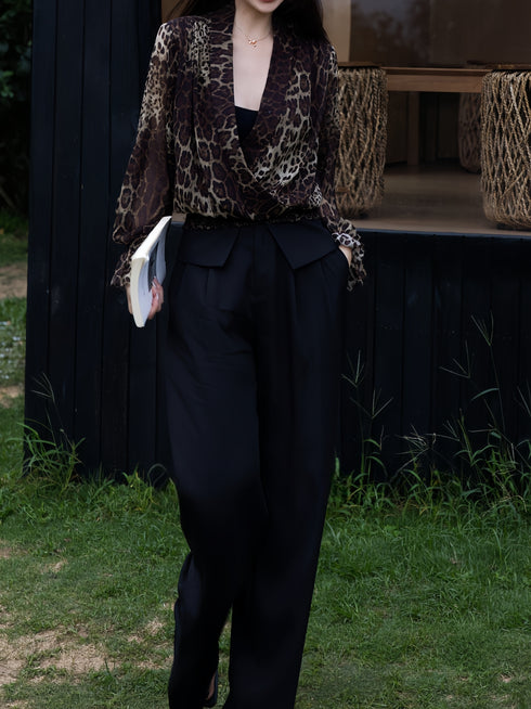 Luxury 100% Mulberry Silk Leopard Print Blouse – Designer V‑Neck Draped Silk Top for Women