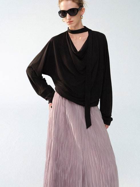 Lyocell Acetate Linen Draped Cowl-Neck Tie Blouse – Relaxed Minimalist Long Sleeve Top