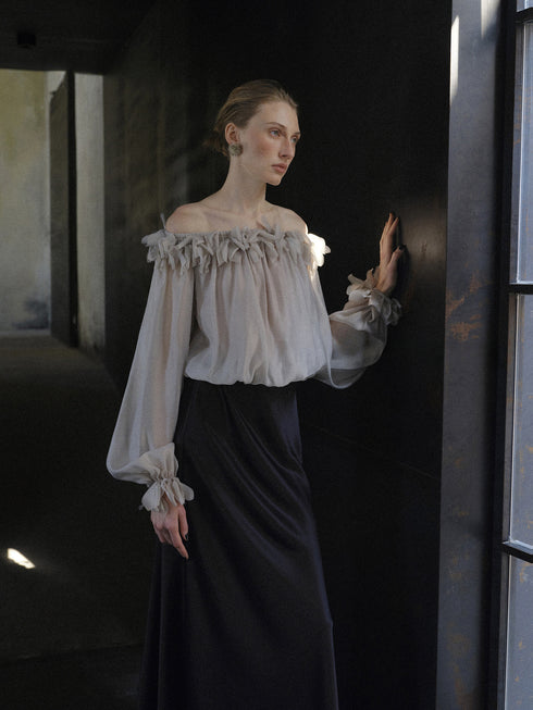 Petal Ruffle Off-Shoulder Cupro Blend Blouse – Sheer Romantic Balloon Sleeve Top