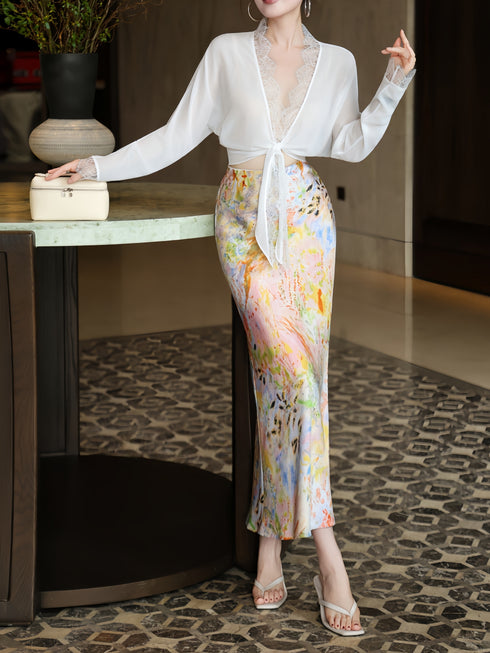 Lace-Trim Sheer Tie-Front Sun Cardigan & Printed Mermaid Skirt Set – Lightweight Resort Elegance
