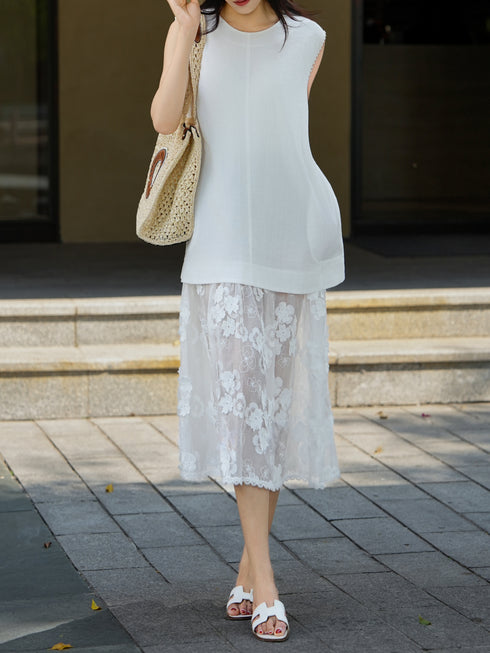 Minimalist Linen & Floral Lace Patchwork Midi Dress – Elegant Sleeveless Summer Dress