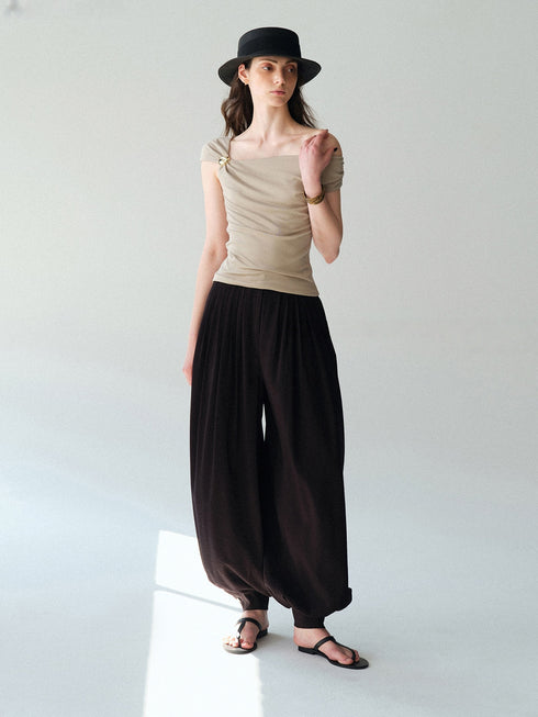 Draped Pleated Balloon Trousers – Convertible Wide-Leg Cuffed Pants