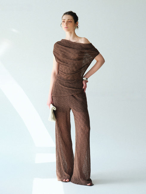 Heavy Lace Sheer Off-Shoulder Draped Top & Straight Micro-Flare Pants Set – Convertible Two-Way Statement Ensemble