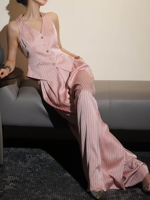 Luminous Pinstripe Tailored Vest & Wide-Leg Trousers Set – Sculpted Waist Elegant Two‑Piece Suit