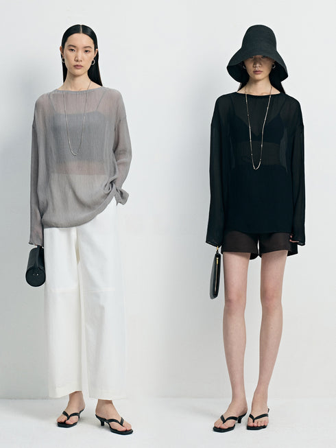 Japanese Cupro Sheer Crinkled Blouse - Ethereal Semi-Sheer Lightweight Top