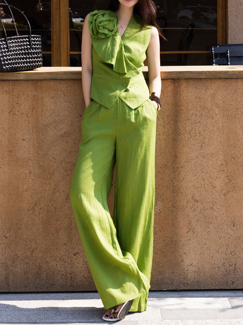 100% Linen Relaxed Flower-Appliqué Vest & Wide-Leg Pants Set – Sculptural Summer Suit