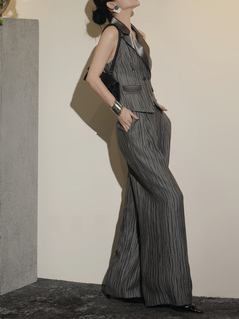 Cooling Satin Textured Stripe Vest & Wide-Leg Pants Set – Tailored Waist Summer Workwear Suit