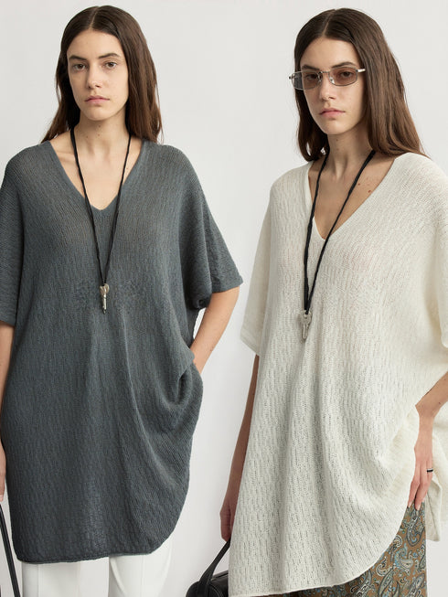 Washi Silk-Cotton Knit Tunic T-Shirt – Relaxed Openwork V-Neck Luxe Summer Top