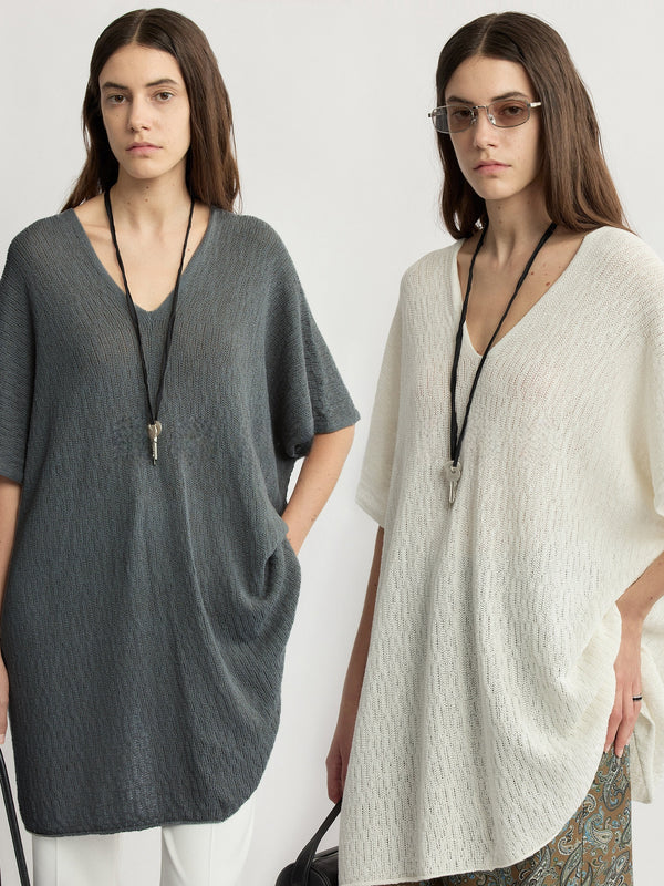 Washi Silk-Cotton Knit Tunic T-Shirt – Relaxed Openwork V-Neck Luxe Summer Top
