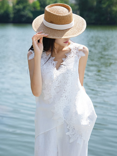 French Lace V-Neck Asymmetric Crochet Top – Elegant Sleeveless Summer Blouse