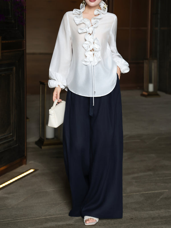 Romantic White V‑Neck Ruffle Tie Blouse – Sculpted Rose Trim Long Sleeve Vintage Shirt