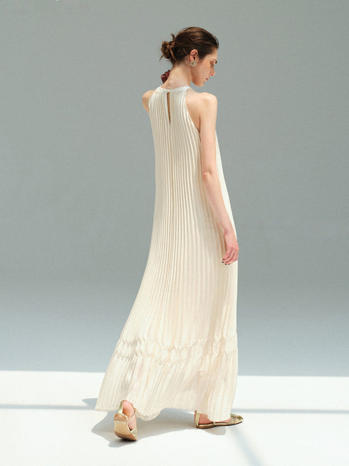 Couture Pleated Halter Neck Maxi Dress – Sleeveless Resort Vacation Dress