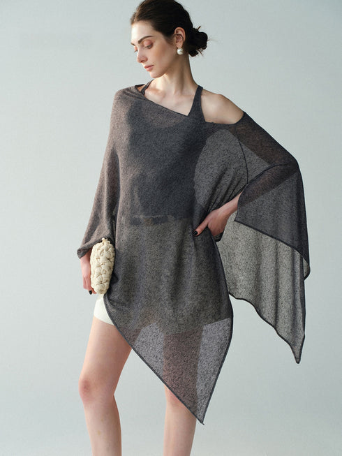 Linen-Blend Sheer Asymmetric Knit Cape – Multi-Way Lightweight Draped Poncho