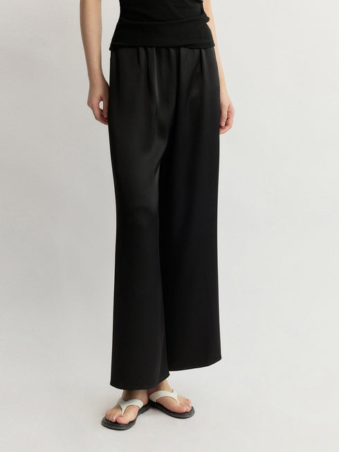 Japanese Triacetate Luminous Double-Satin Wide-Leg Pants - Elastic Waist Airy Draped Trousers
