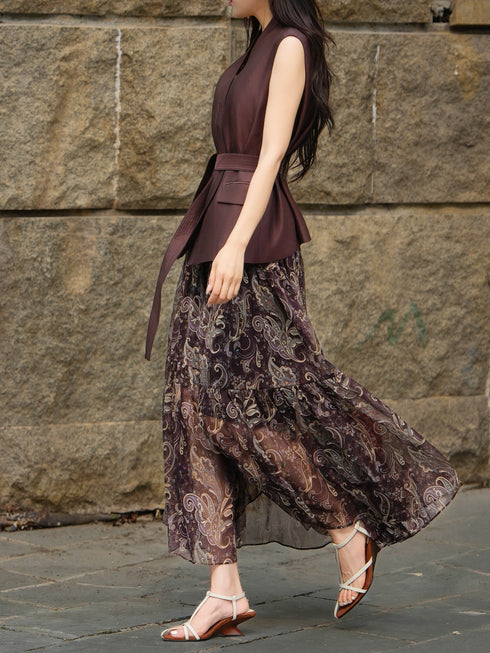 Vintage Waist-Tie Vest & Paisley Print Maxi Skirt Set – Elegant Spring Summer Two-Piece Outfit