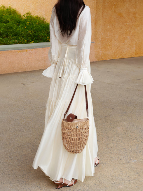 Acetate Tie‑Neck Blouse & Tiered Maxi Skirt Set – Resort Elegance Two‑Piece Outfit
