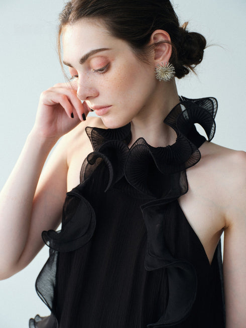 Luxury Cupro-Blend 3D Ruffle Halter Top – Sleeveless Couture Statement Blouse