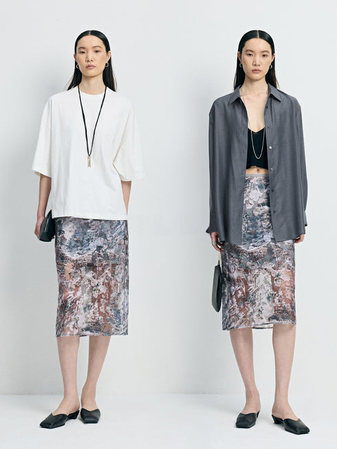 Hand-Beaded Burnout Floral Mesh Layered Midi Skirt - Detachable Double-Layer Sheer Statement Skirt