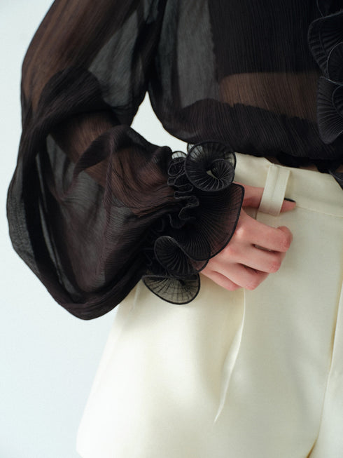Luxury Cupro-Blend 3D Fan-Ruffle V-Neck Blouse – Sheer Statement Top