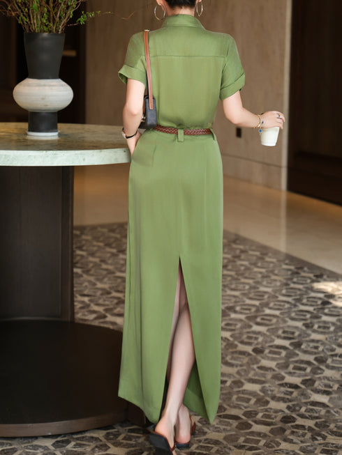 Luxury Cupro Utility Shirt Maxi Dress – Elegant Belted Workwear-Inspired Long Dress